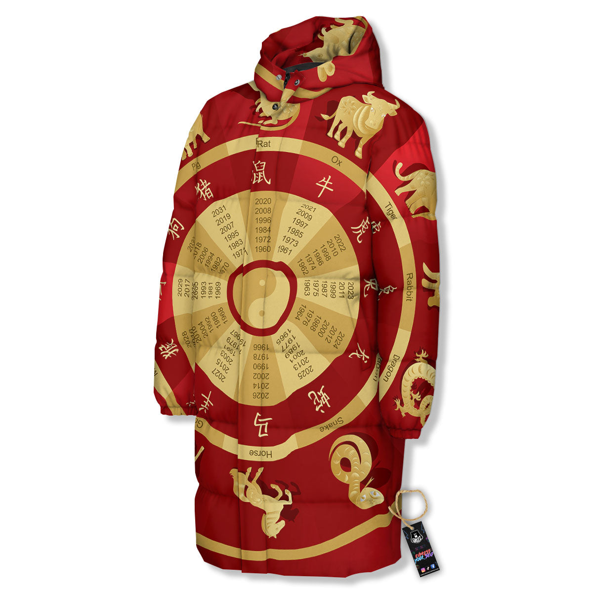 Zodiac Wheel Red Chinese Print Long Down Jacket