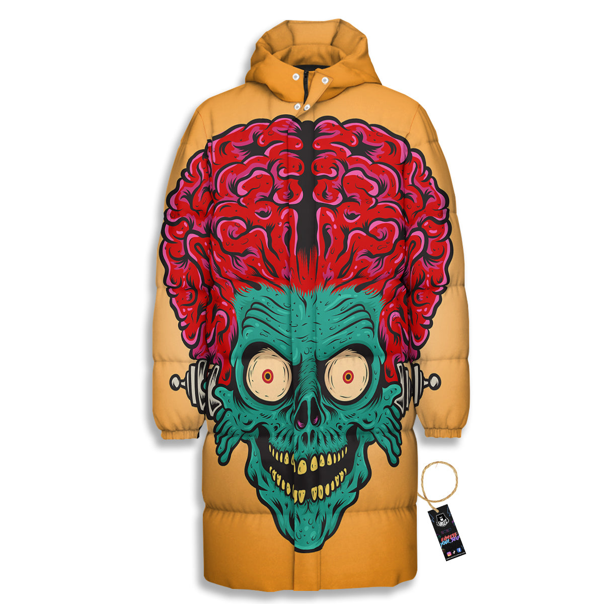 Zombie Big Brain Print Long Down Jacket-grizzshop