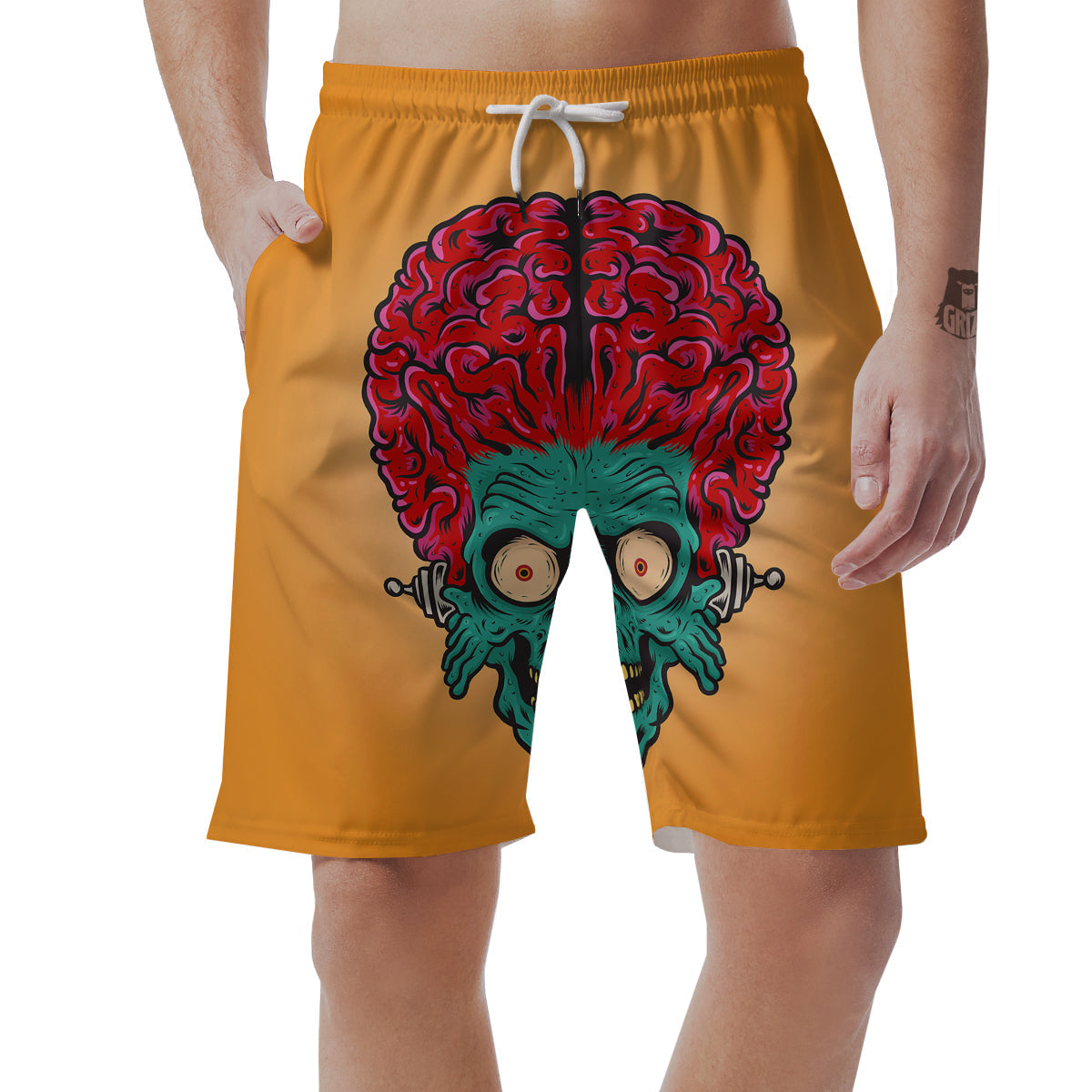 Zombie Big Brain Print Men's Shorts-grizzshop