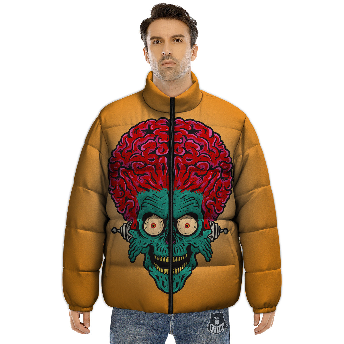 Zombie Big Brain Print Puffer Jacket-grizzshop