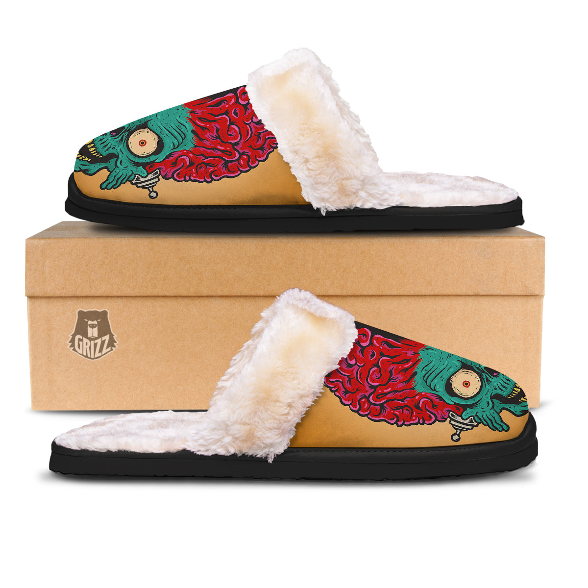 Zombie Big Brain Print Slippers-grizzshop