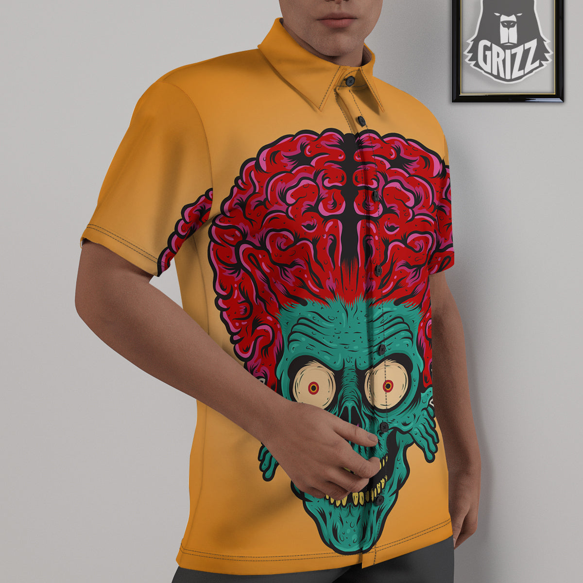 Zombie Big Brain Print Untucked Shirts-grizzshop