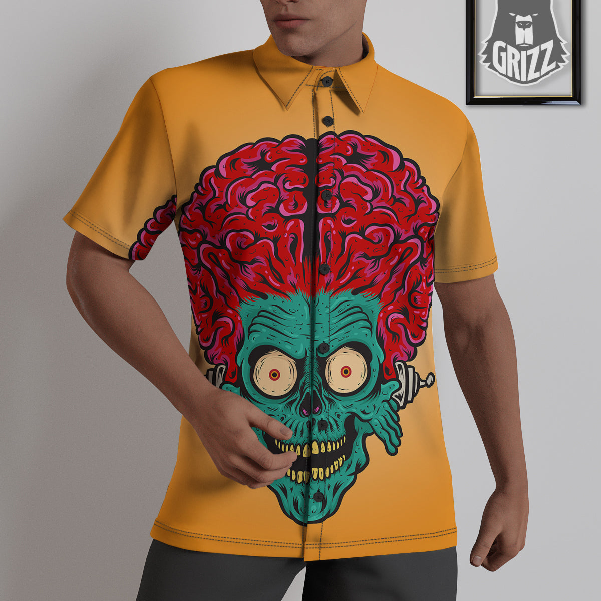 Zombie Big Brain Print Untucked Shirts-grizzshop