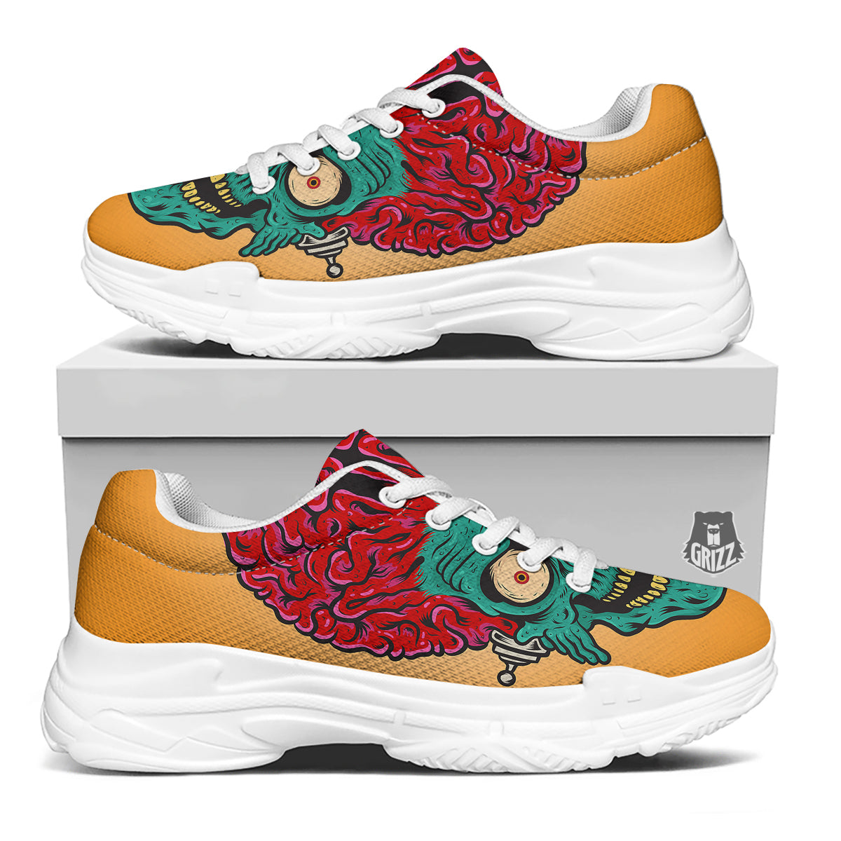 Zombie Big Brain Print White Chunky Shoes-grizzshop