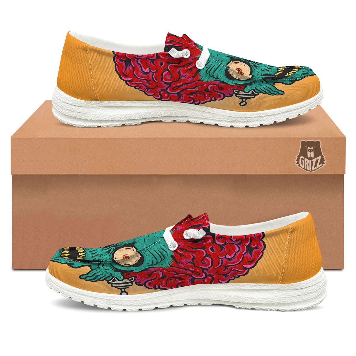 Zombie Big Brain Print White Loafers-grizzshop