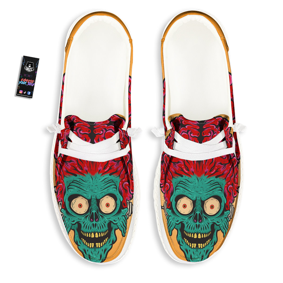Zombie Big Brain Print White Loafers-grizzshop