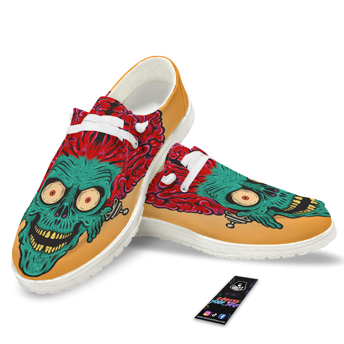 Zombie Big Brain Print White Loafers-grizzshop