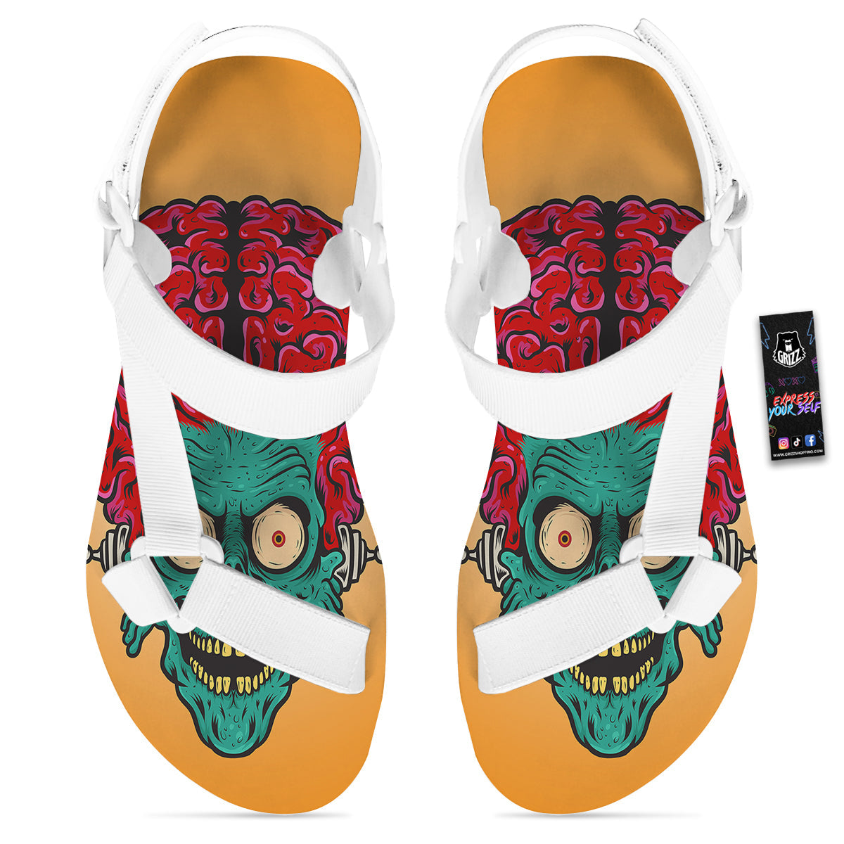 Zombie Big Brain Print White Open Toe Sandals-grizzshop