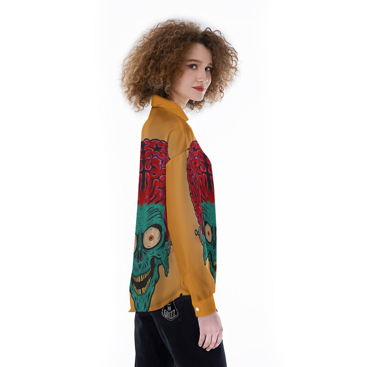 Zombie Big Brain Print Women's Long Sleeve Shirts-grizzshop