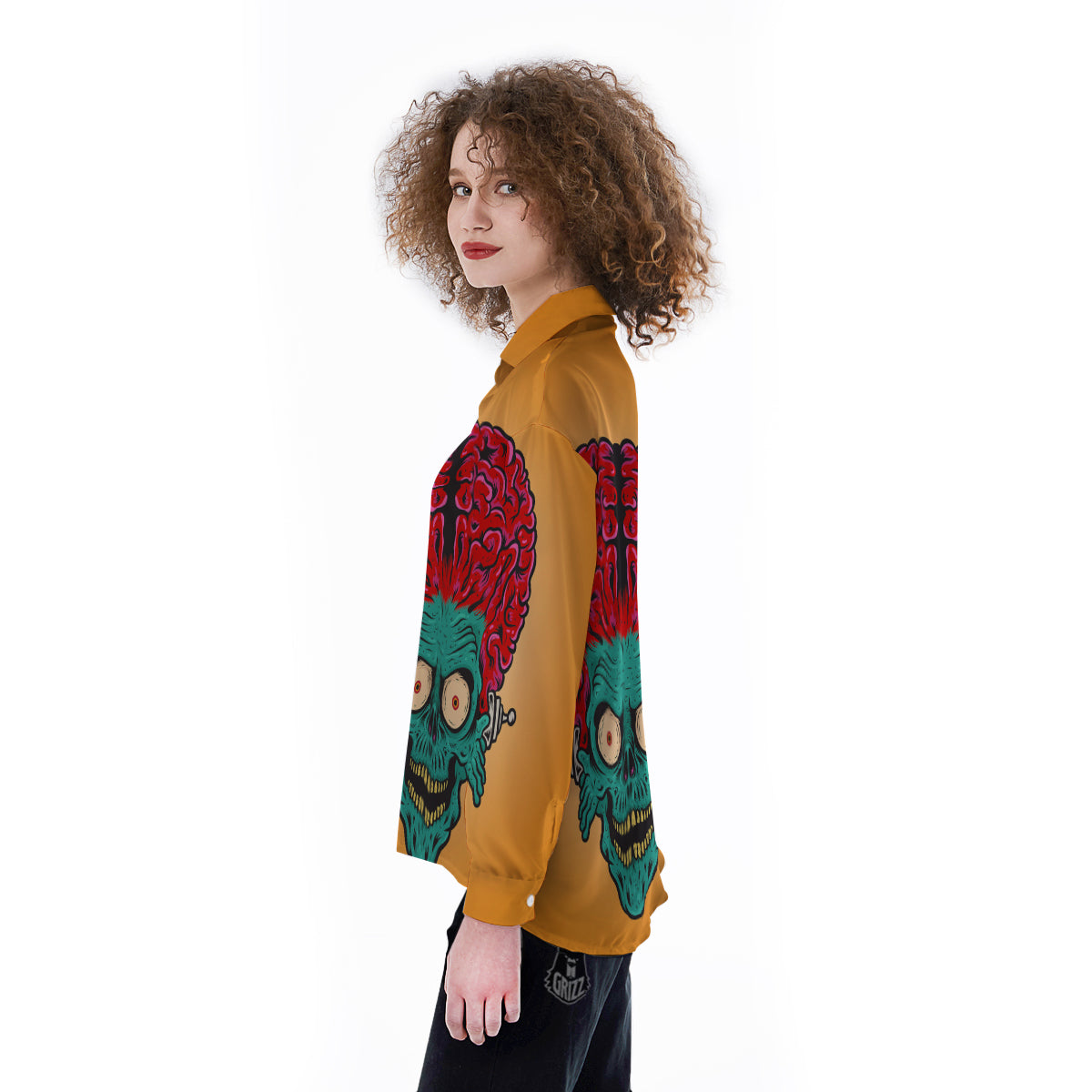 Zombie Big Brain Print Women's Long Sleeve Shirts-grizzshop
