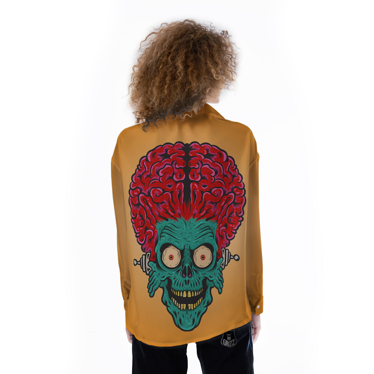 Zombie Big Brain Print Women's Long Sleeve Shirts-grizzshop