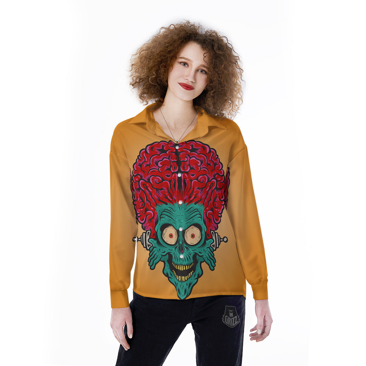 Zombie Big Brain Print Women's Long Sleeve Shirts-grizzshop