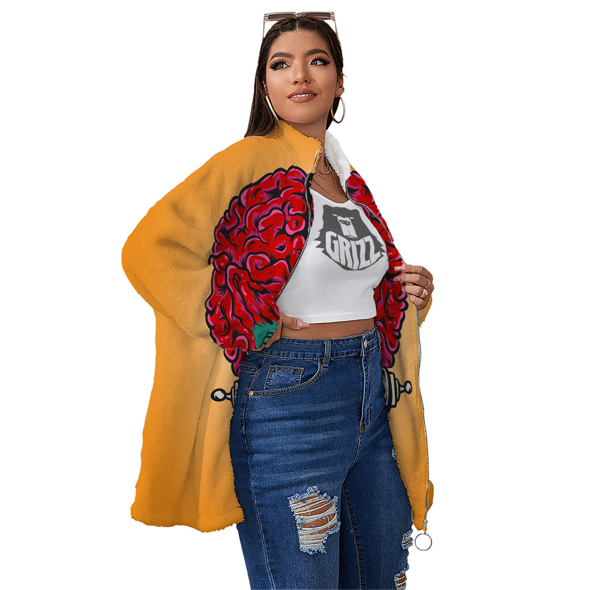 Zombie Big Brain Print Women's Sherpa Jacket-grizzshop