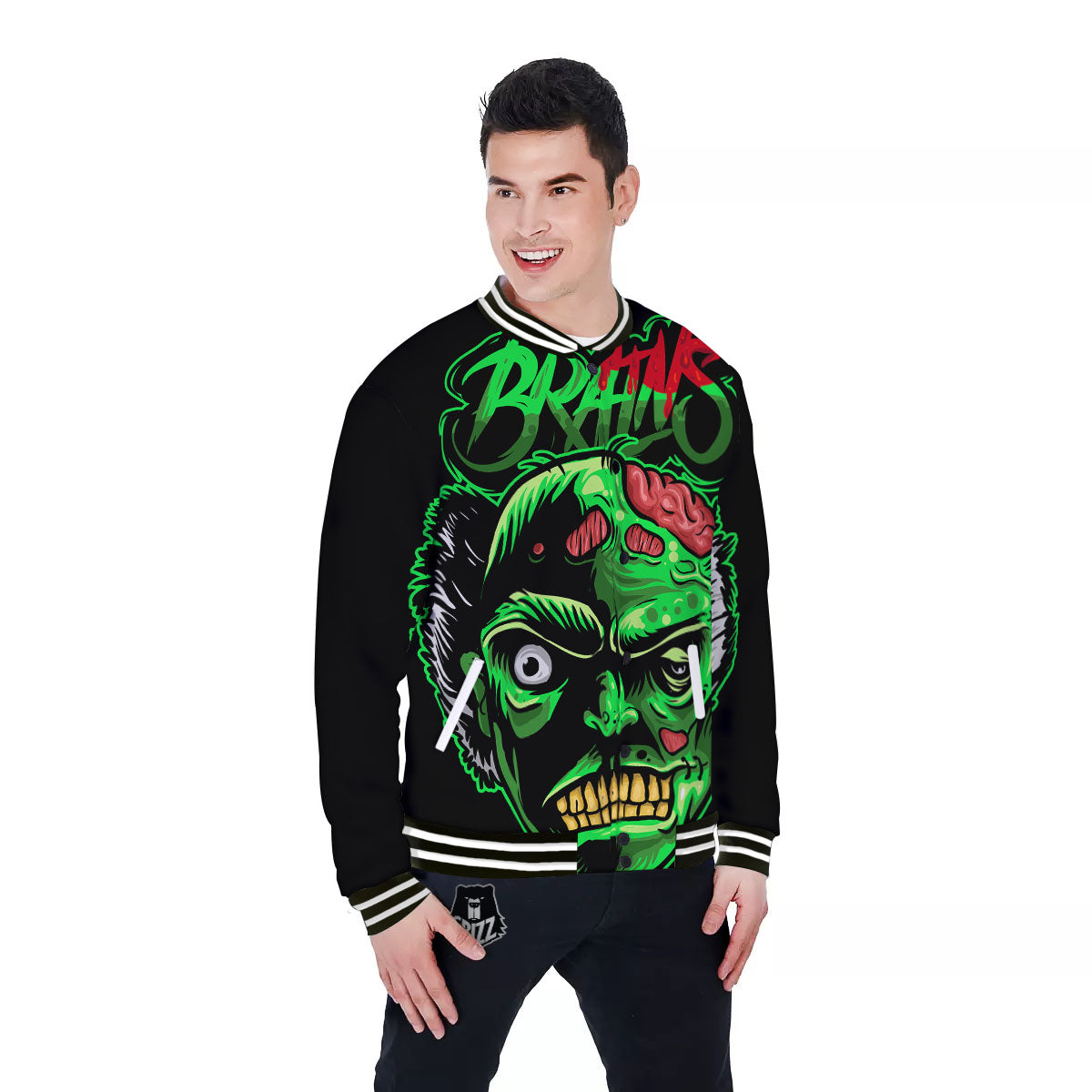 Zombie Brain Halloween Print Baseball Jacket-grizzshop