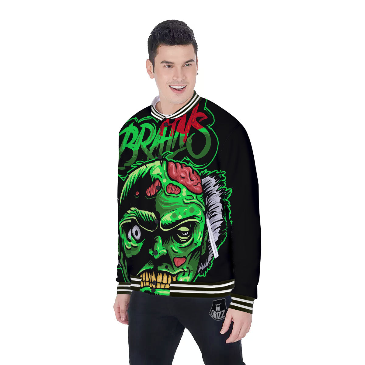 Zombie Brain Halloween Print Baseball Jacket-grizzshop