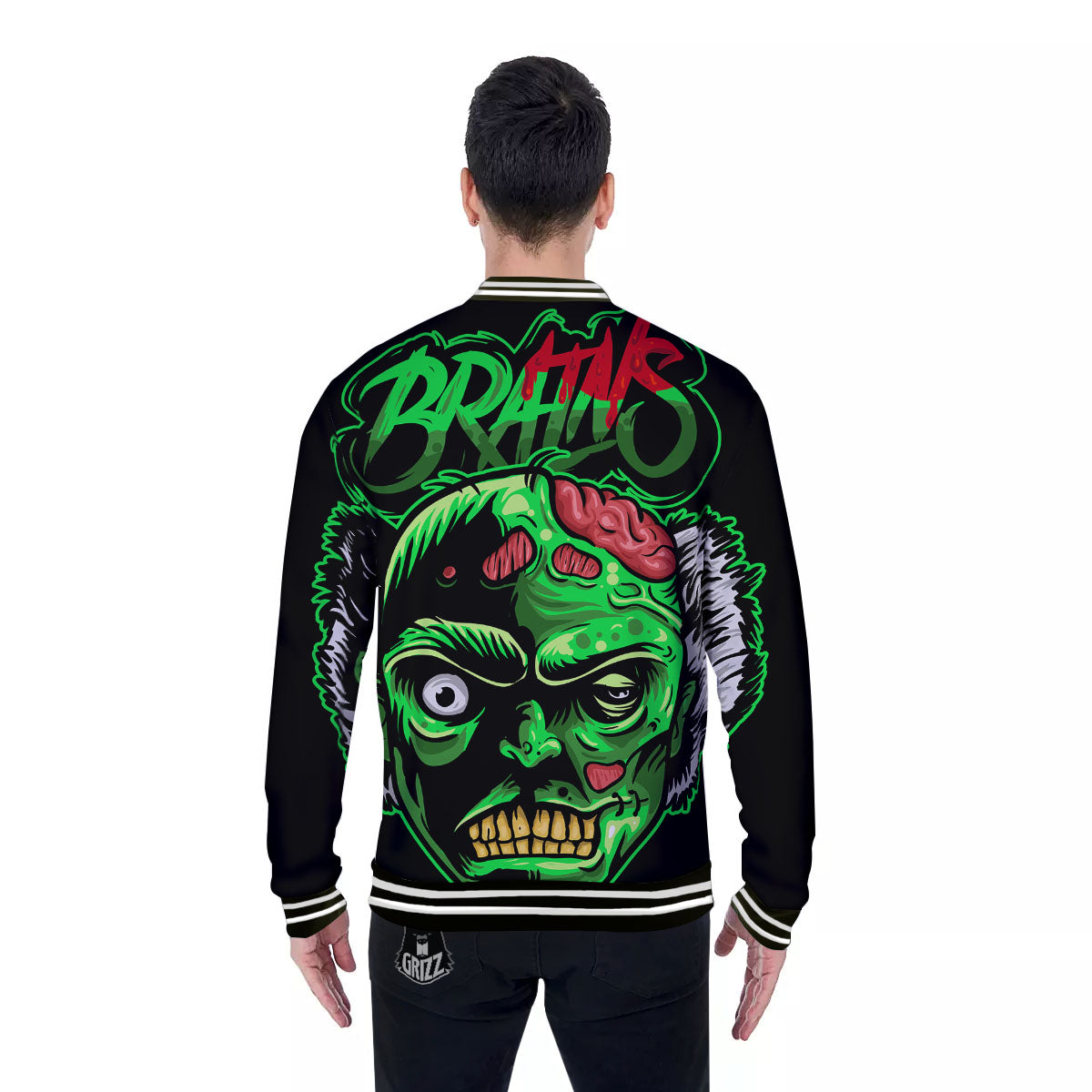 Zombie Brain Halloween Print Baseball Jacket-grizzshop
