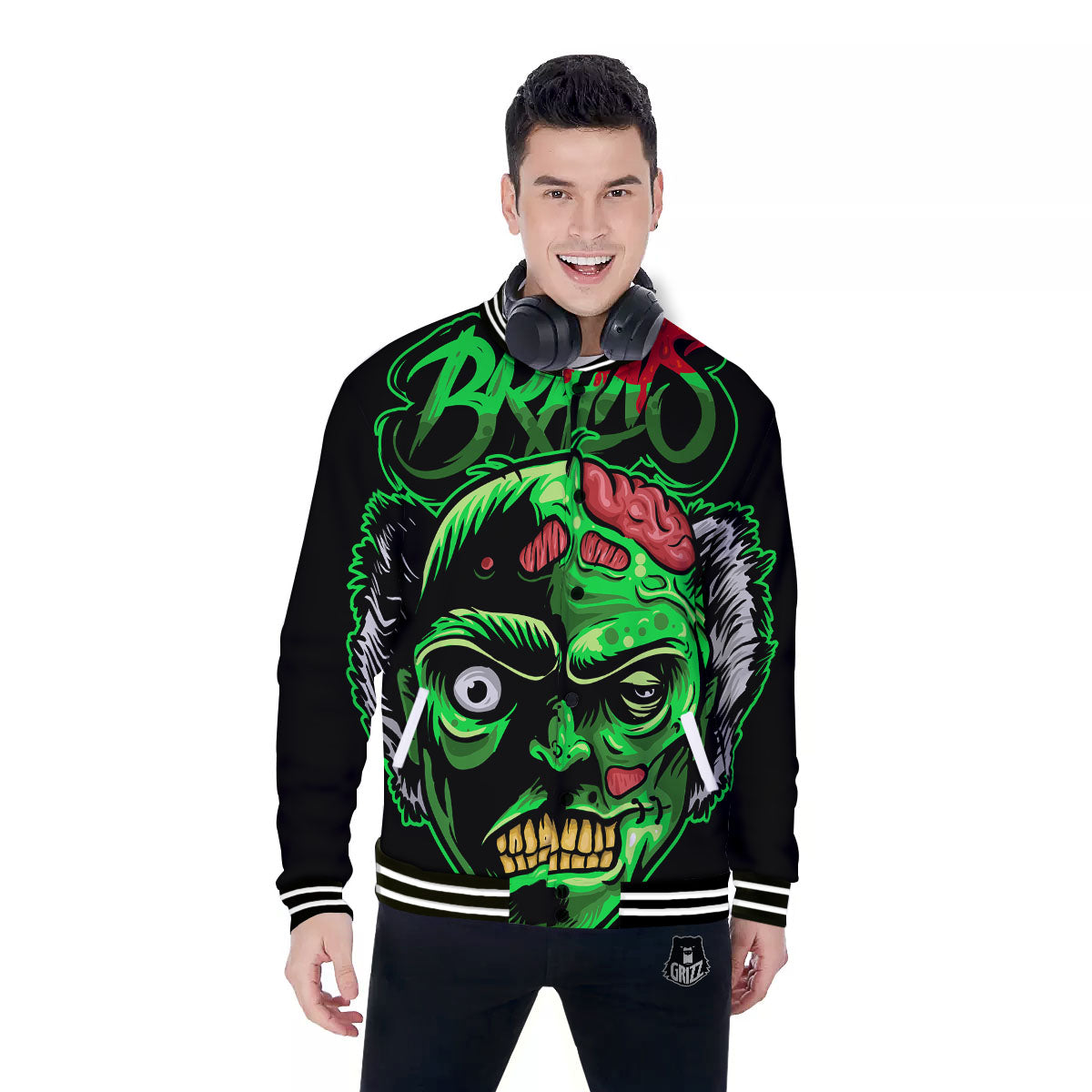 Zombie Brain Halloween Print Baseball Jacket-grizzshop