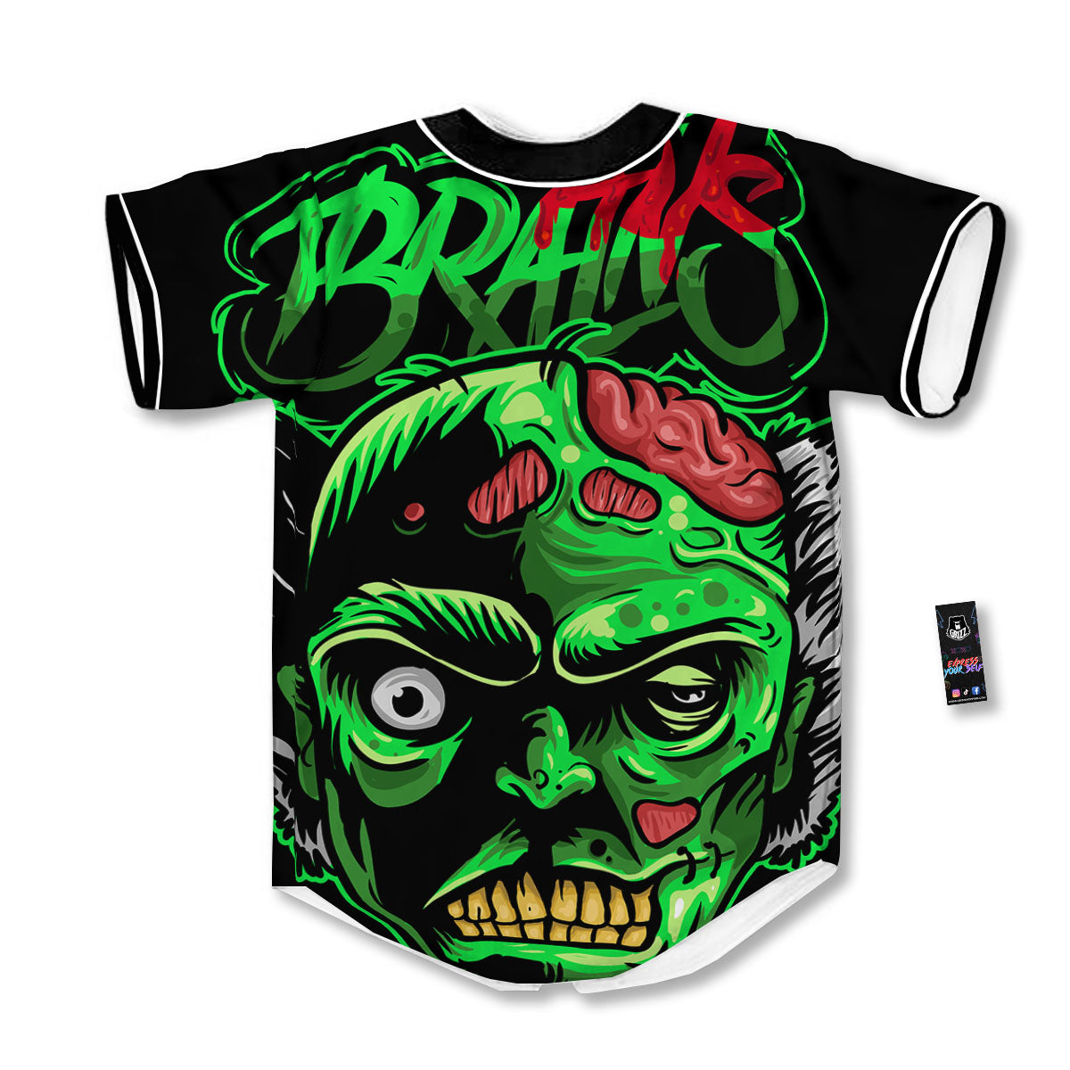 Zombie Brain Halloween Print Baseball Jersey-grizzshop