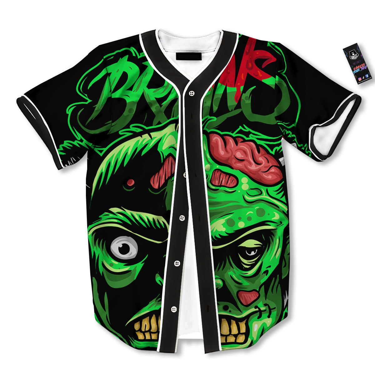 Zombie Brain Halloween Print Baseball Jersey-grizzshop