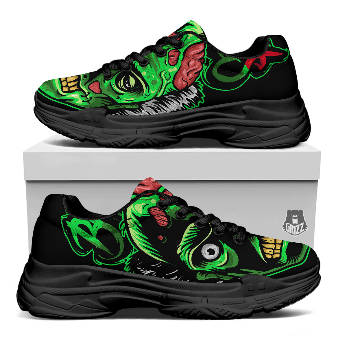 Zombie Brain Halloween Print Black Chunky Shoes-grizzshop