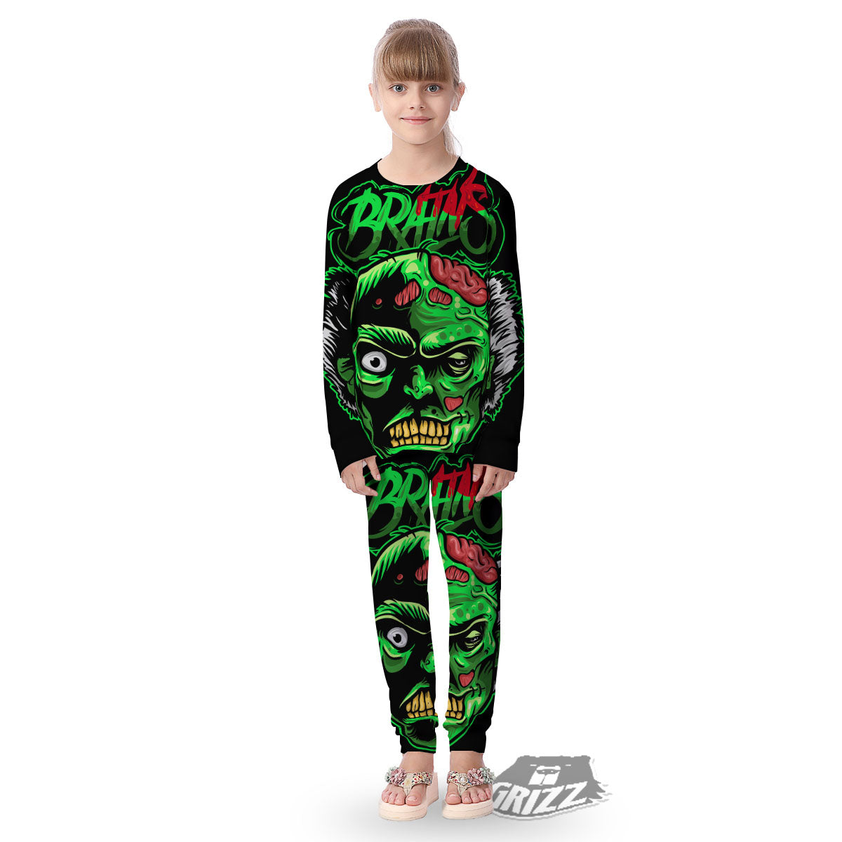 Zombie Brain Halloween Print Kid's Pajamas-grizzshop