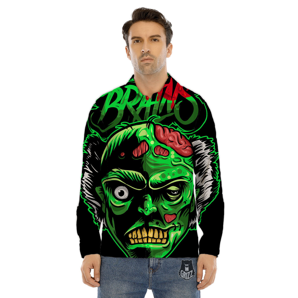 Zombie Brain Halloween Print Men's Dress Shirts-grizzshop