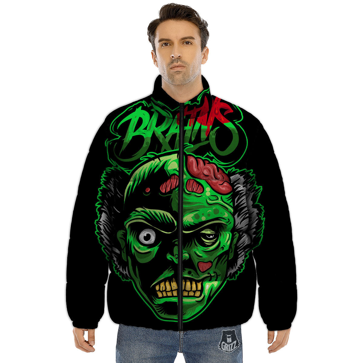 Zombie Brain Halloween Print Puffer Jacket-grizzshop