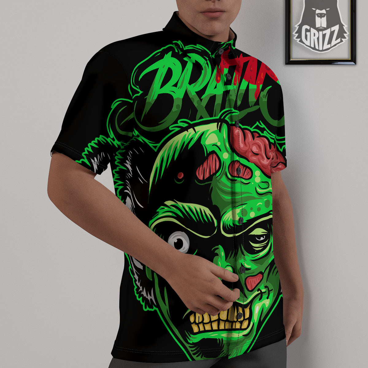 Zombie Brain Halloween Print Untucked Shirts-grizzshop