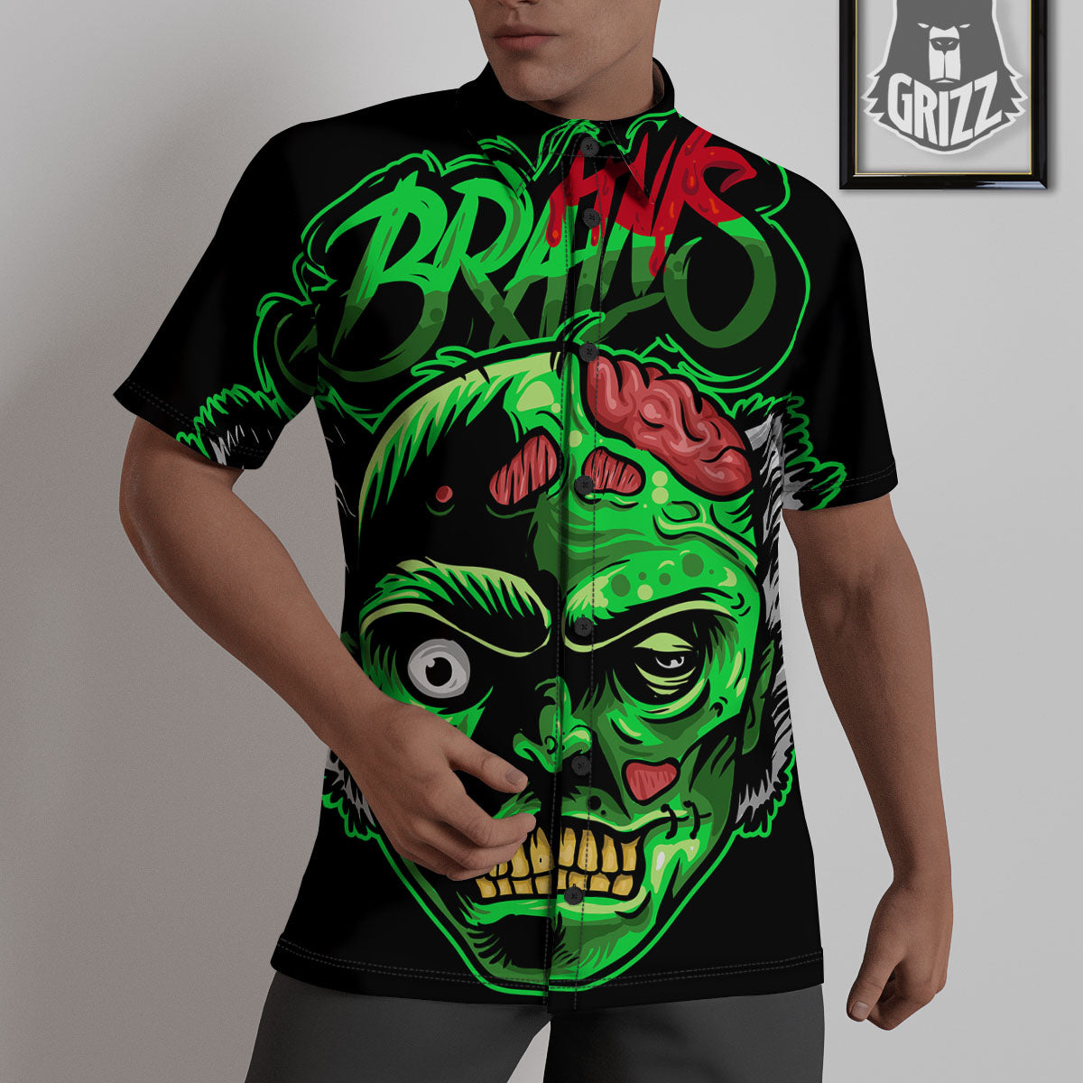 Zombie Brain Halloween Print Untucked Shirts-grizzshop