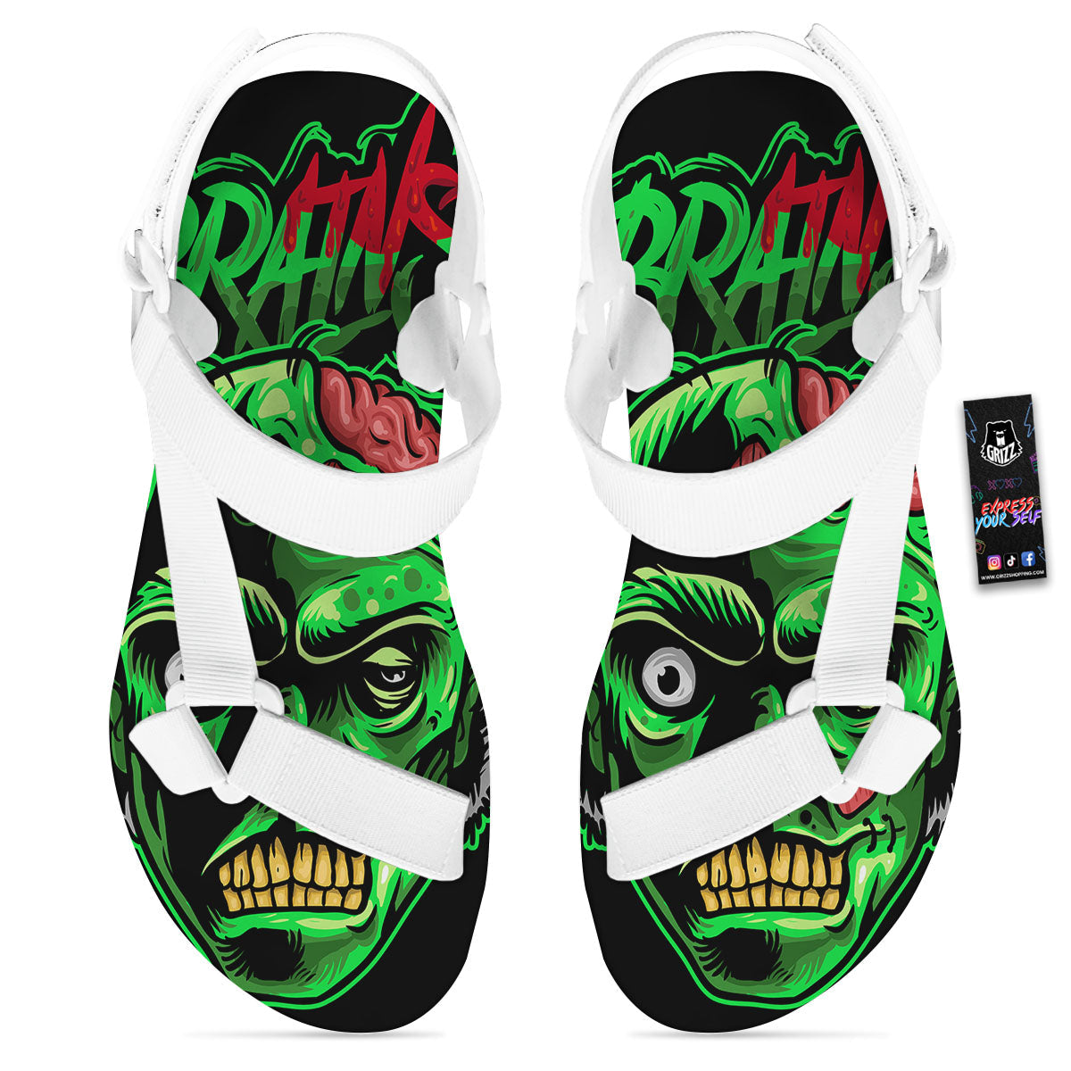 Zombie Brain Halloween Print White Open Toe Sandals-grizzshop