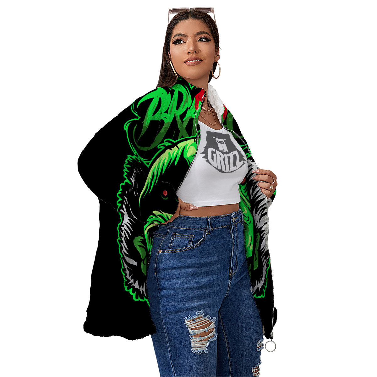 Zombie Brain Halloween Print Women's Sherpa Jacket-grizzshop