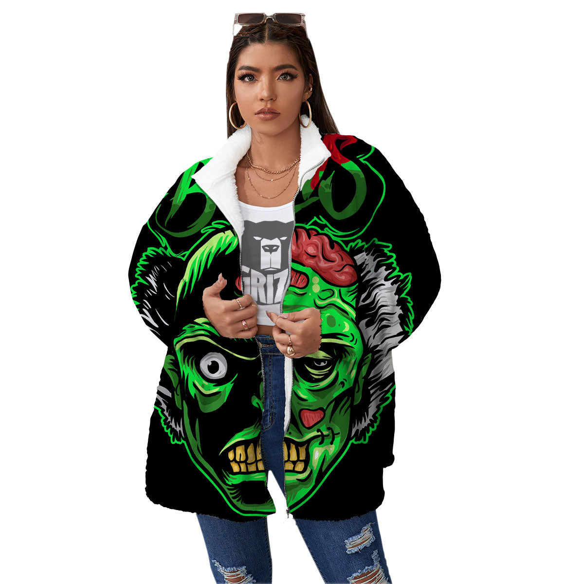 Zombie Brain Halloween Print Women's Sherpa Jacket-grizzshop