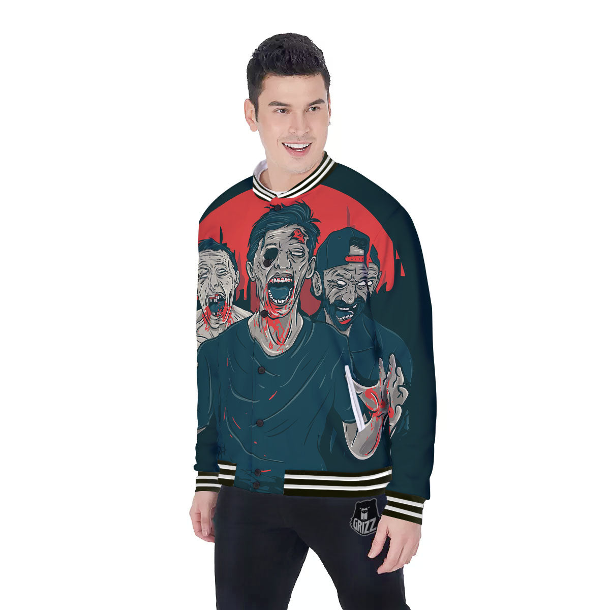 Zombie Crowd Halloween Print Baseball Jacket-grizzshop