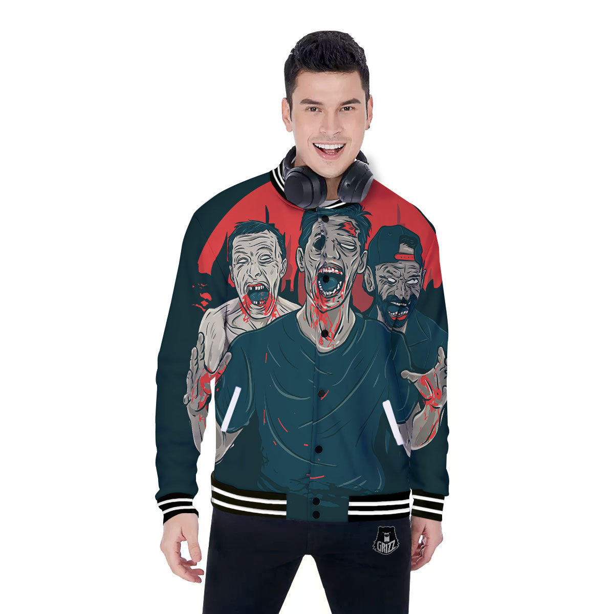 Zombie Crowd Halloween Print Baseball Jacket-grizzshop