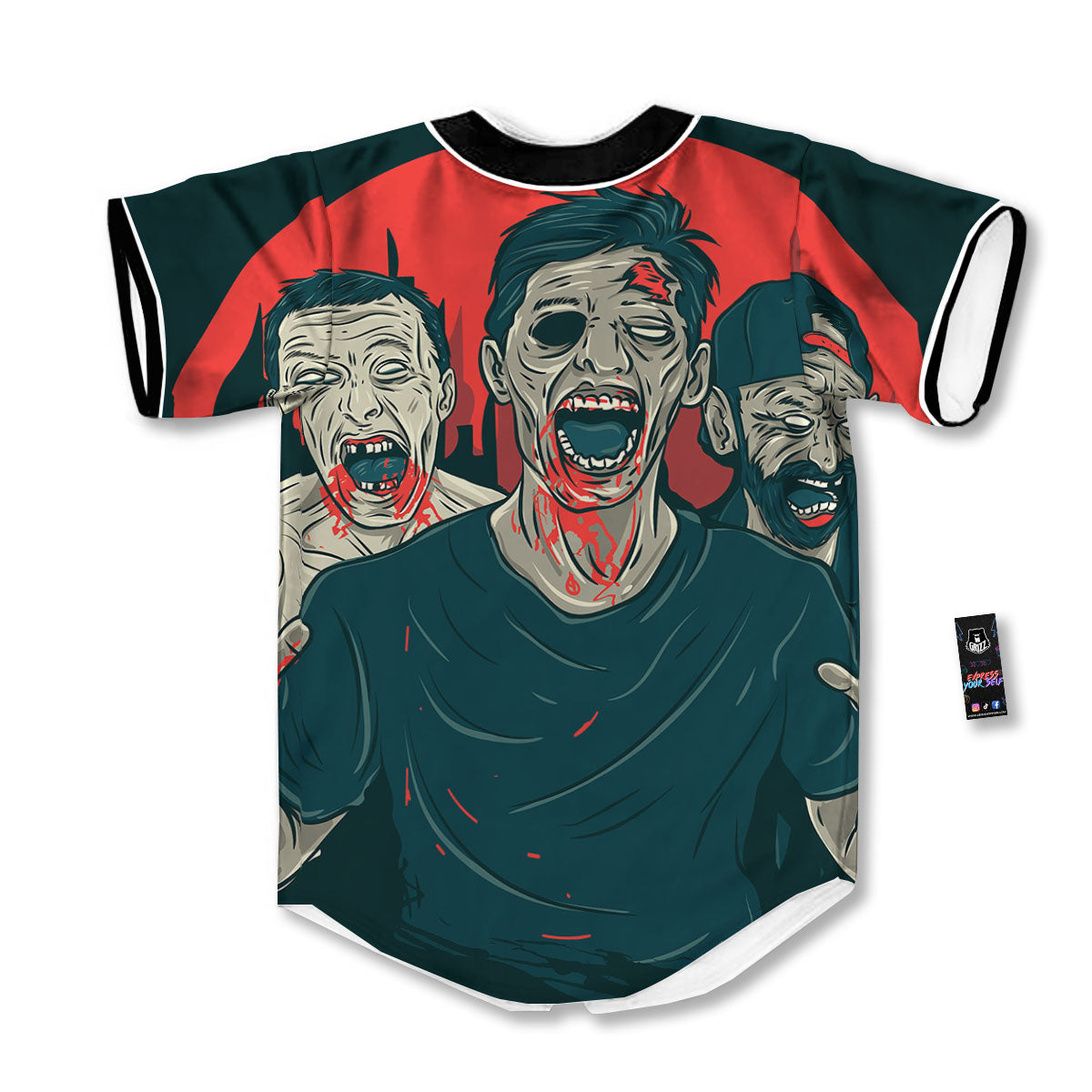 Zombie Crowd Halloween Print Baseball Jersey-grizzshop
