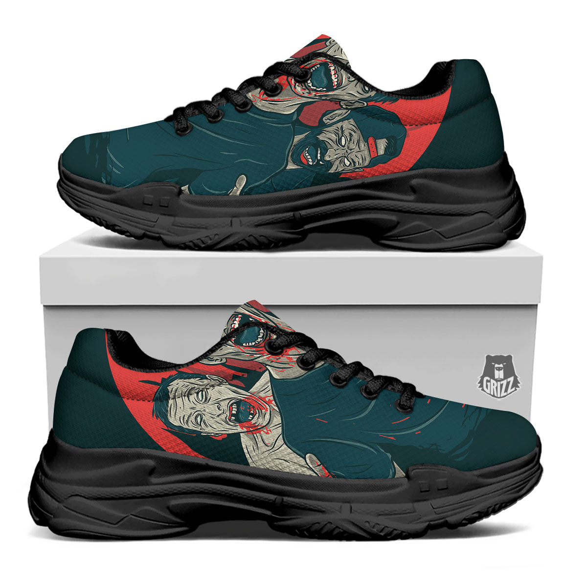Zombie Crowd Halloween Print Black Chunky Shoes-grizzshop