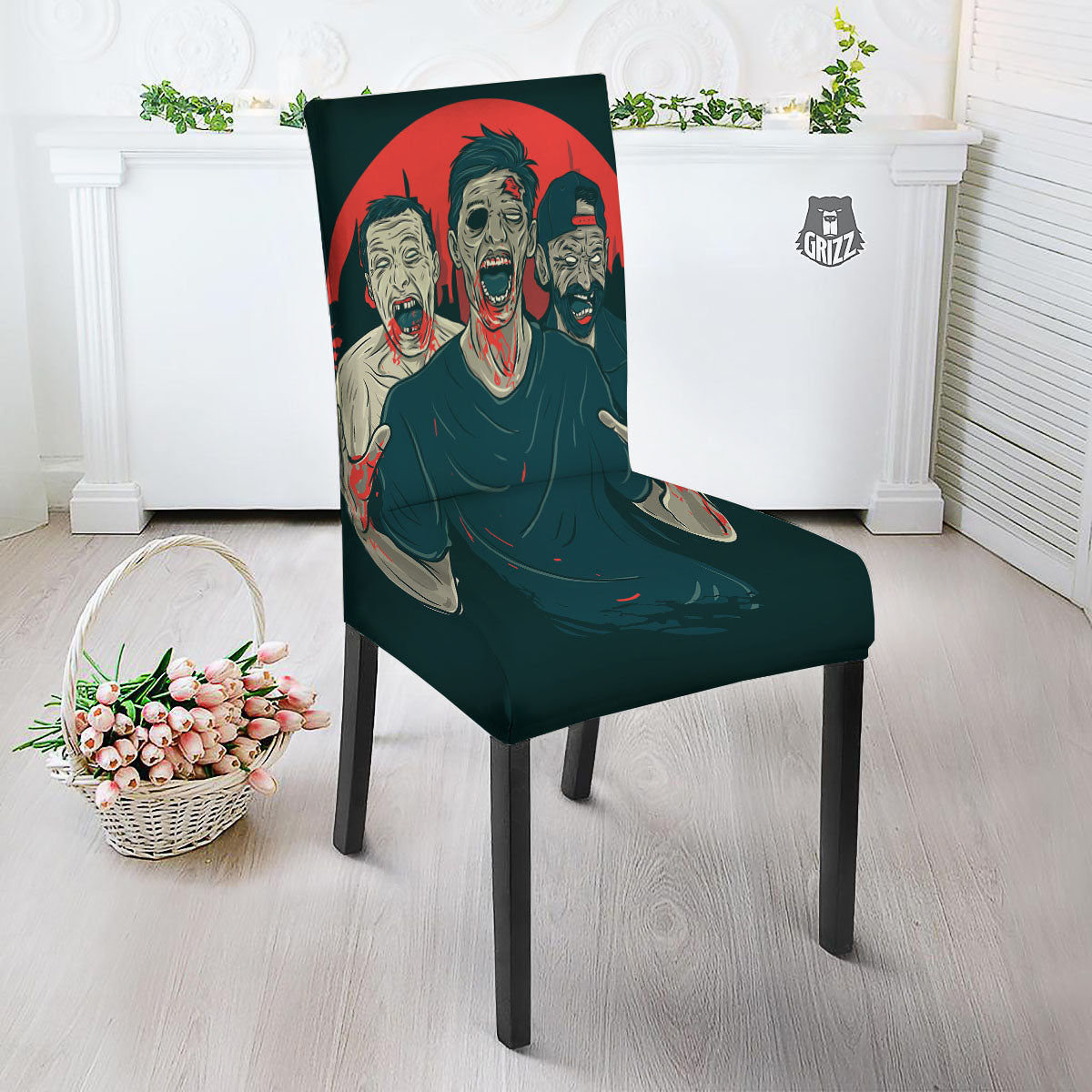 Zombie Crowd Halloween Print Dining Chair Slipcover-grizzshop