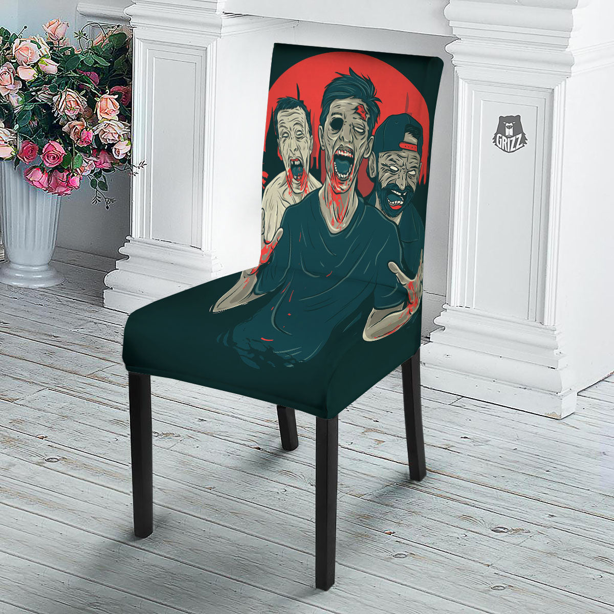 Zombie Crowd Halloween Print Dining Chair Slipcover-grizzshop