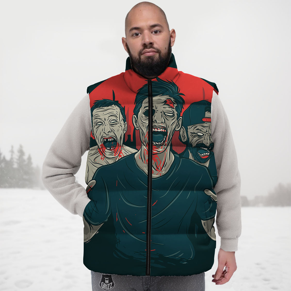 Zombie Crowd Halloween Print Down Vest