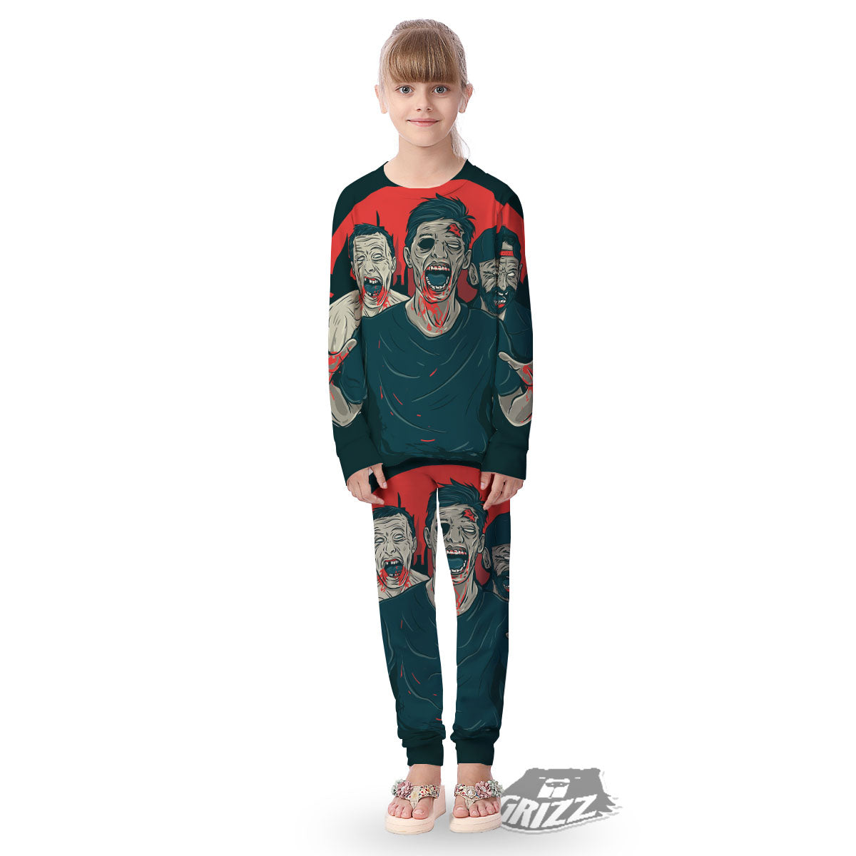 Zombie Crowd Halloween Print Kid's Pajamas-grizzshop