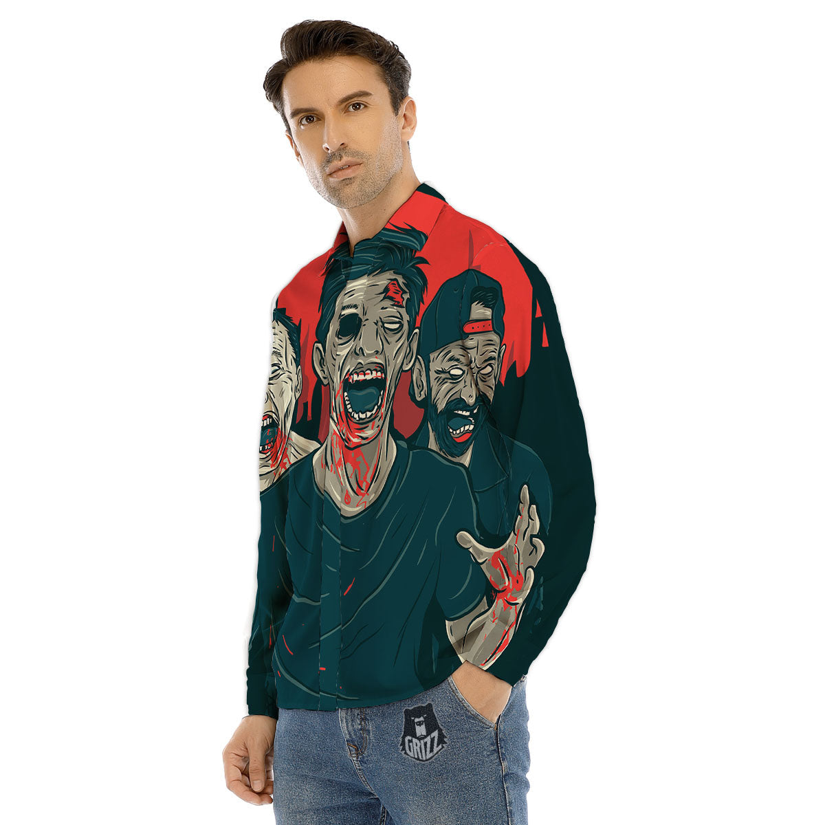 Zombie Crowd Halloween Print Men's Dress Shirts-grizzshop
