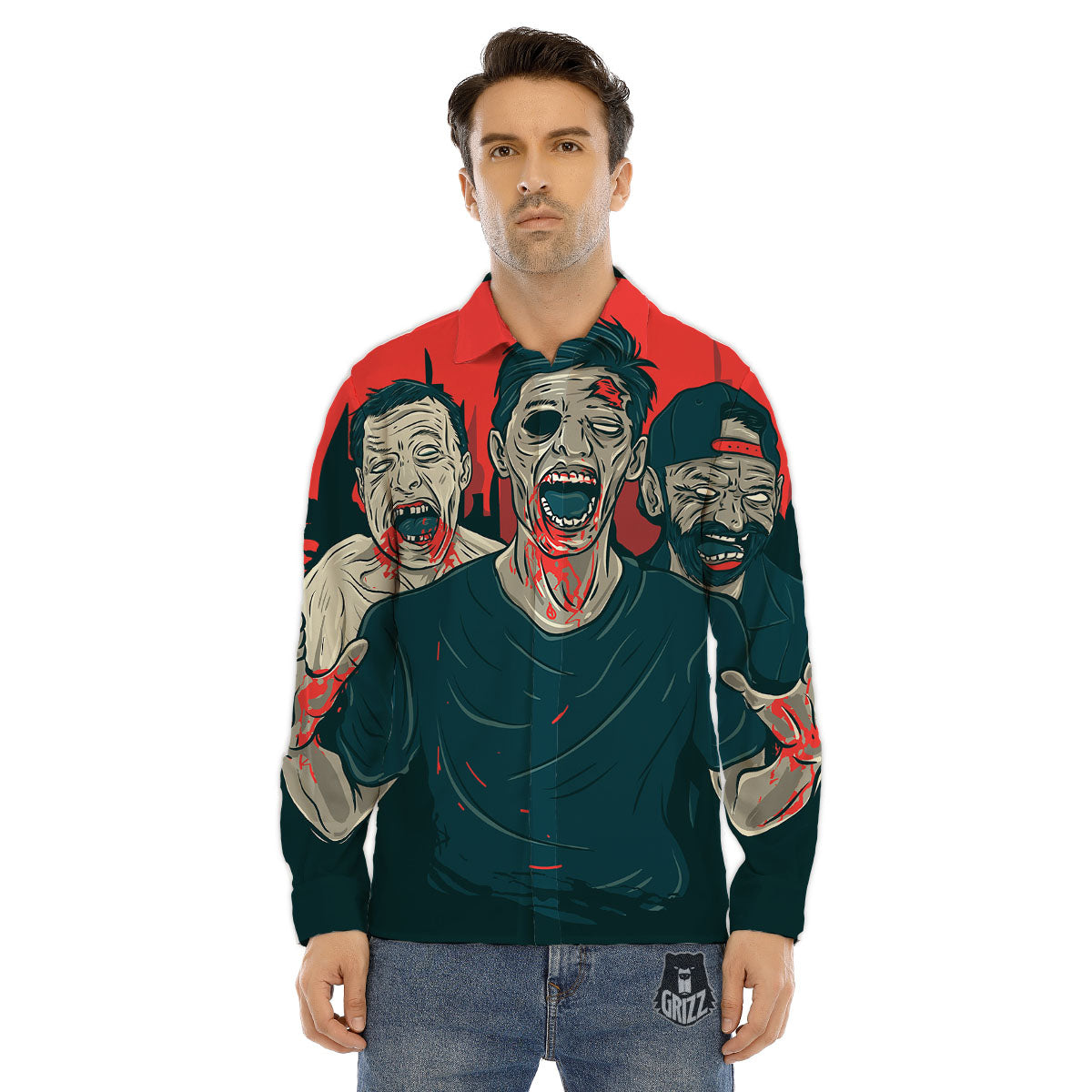 Zombie Crowd Halloween Print Men's Dress Shirts-grizzshop