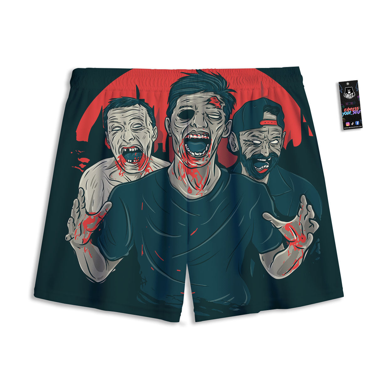 Zombie Crowd Halloween Print Mesh Shorts