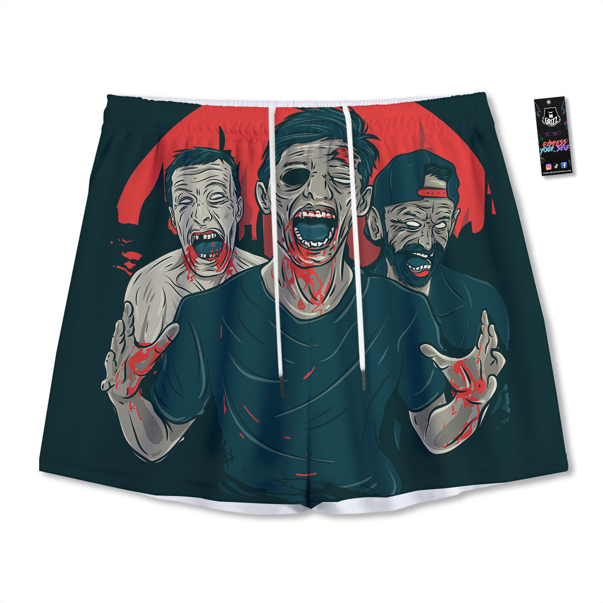 Zombie Crowd Halloween Print Mesh Shorts