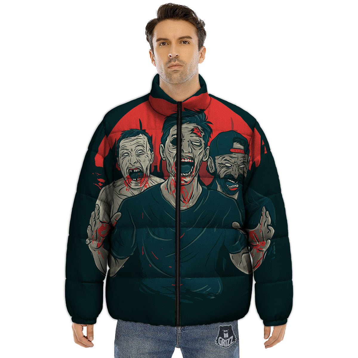 Zombie Crowd Halloween Print Puffer Jacket-grizzshop