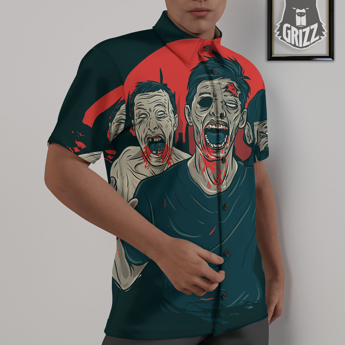 Zombie Crowd Halloween Print Untucked Shirts-grizzshop