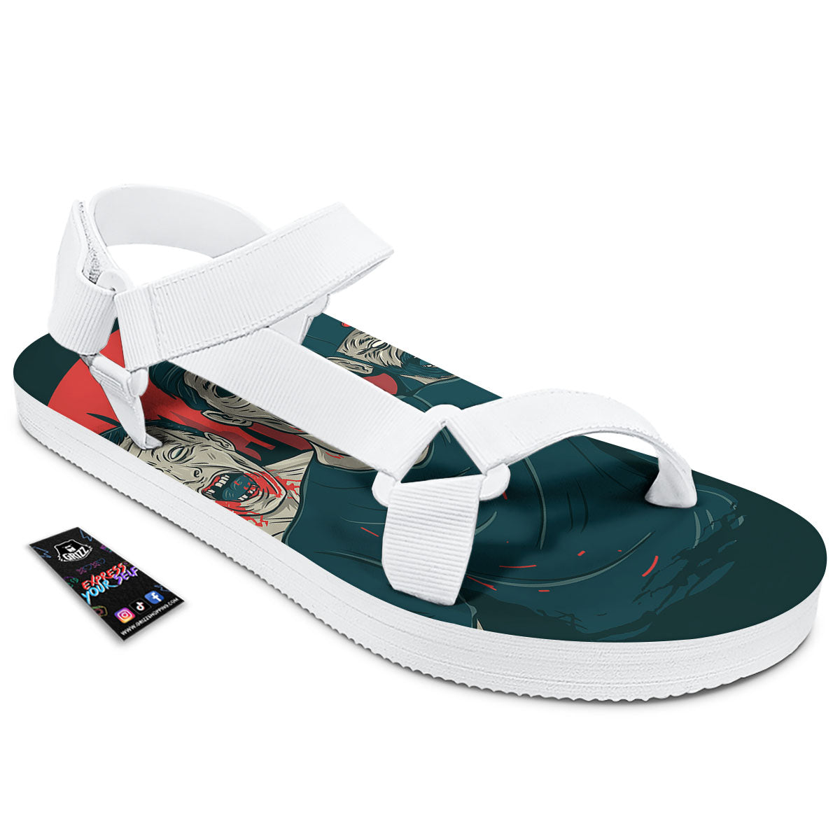 Zombie Crowd Halloween Print White Open Toe Sandals-grizzshop