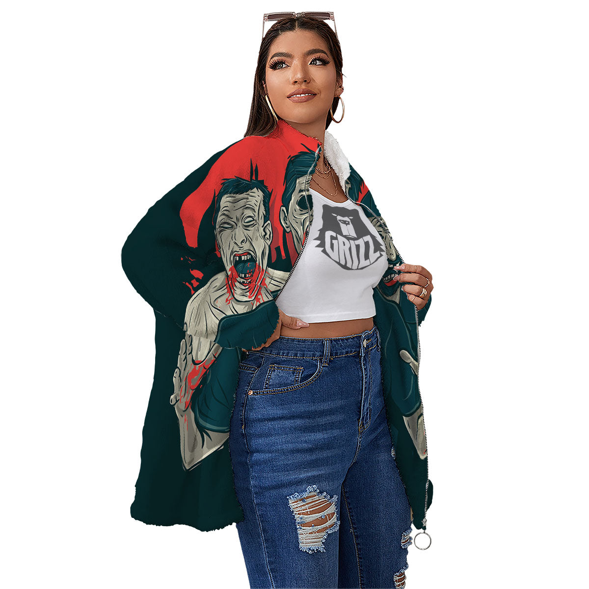 Zombie Crowd Halloween Print Women's Sherpa Jacket-grizzshop