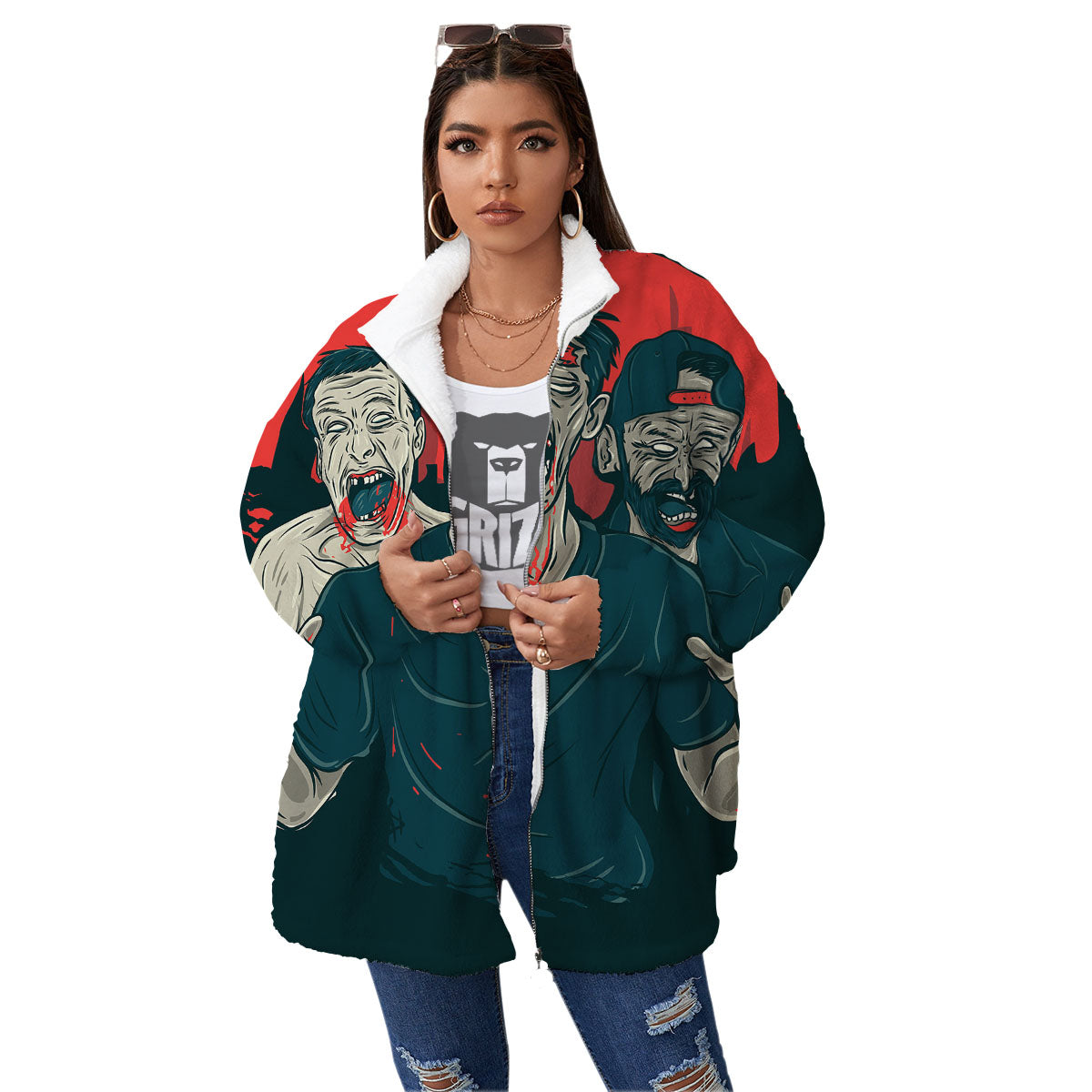 Zombie Crowd Halloween Print Women's Sherpa Jacket-grizzshop