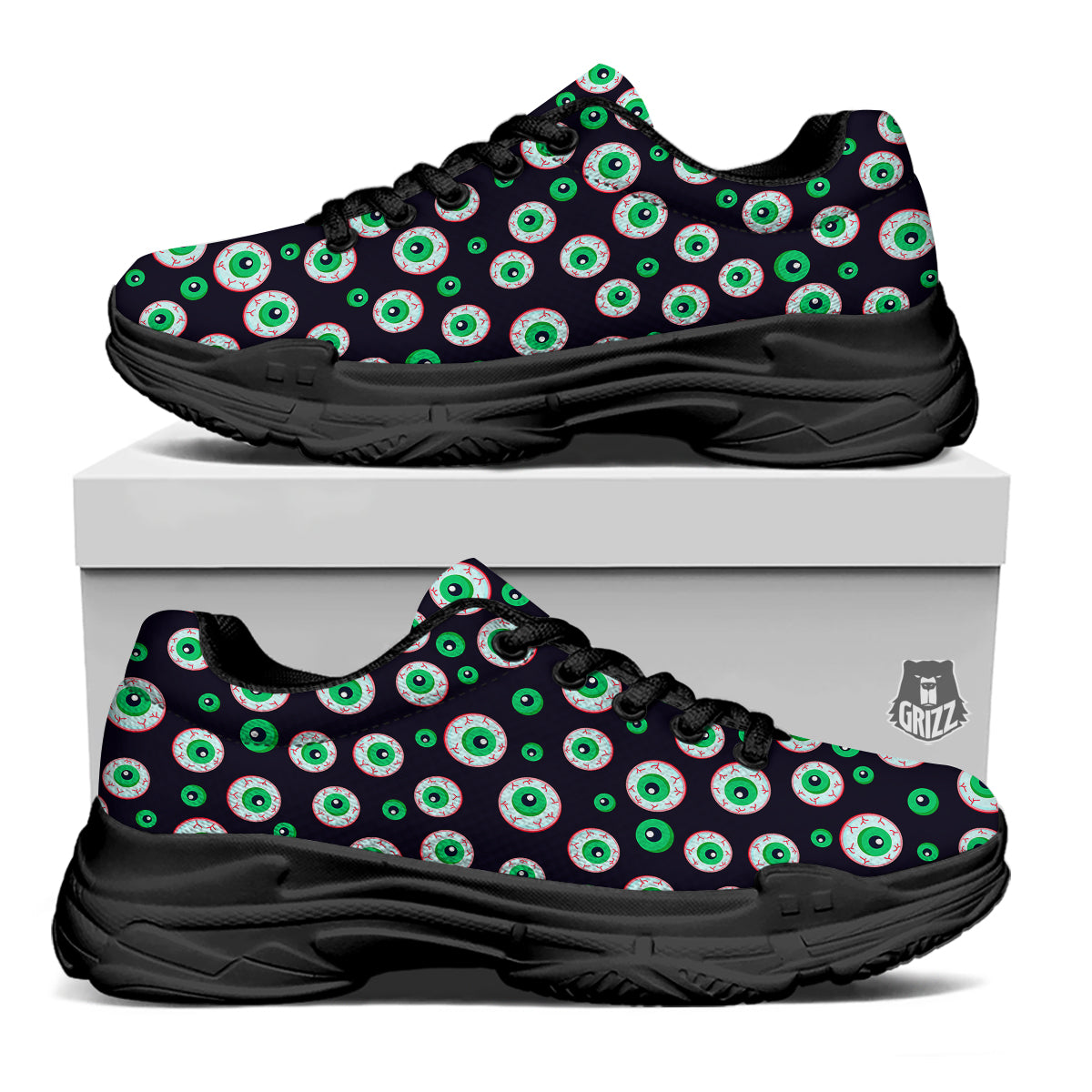 Zombie Eyeball Print Pattern Black Chunky Shoes-grizzshop